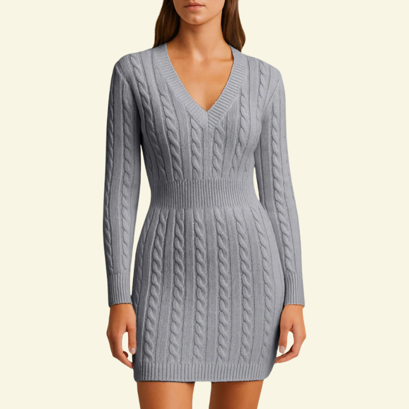 Srebrna sukienka sweterkowa damska z dzianiny o warkoczowym splocie — Lubomirske