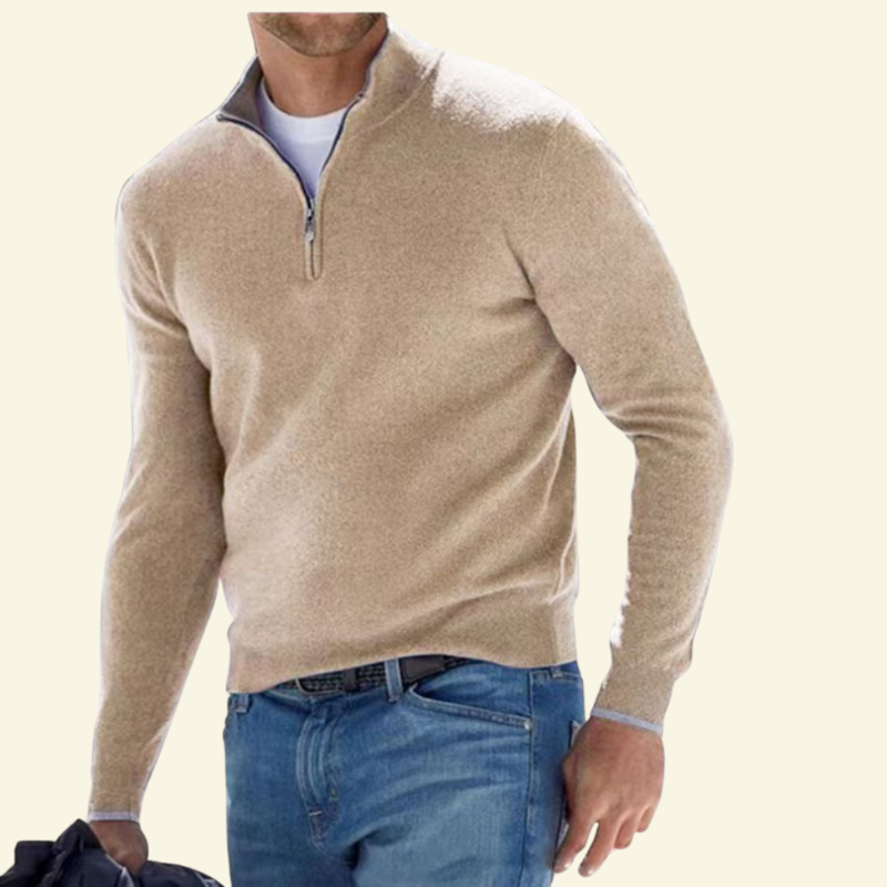 Beżowy wool blend sweater męski z wysoką stójką i zamkiem, łączący komfort z subtelną elegancją — Lubomirske
