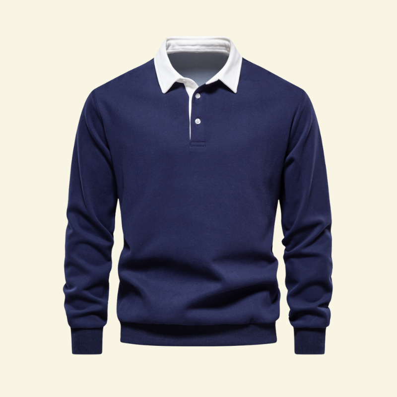 Granatowy bawełniany sweter polo męski z kontrastowym białym kołnierzem, klasyczny i elegancki fason — Lubomirske