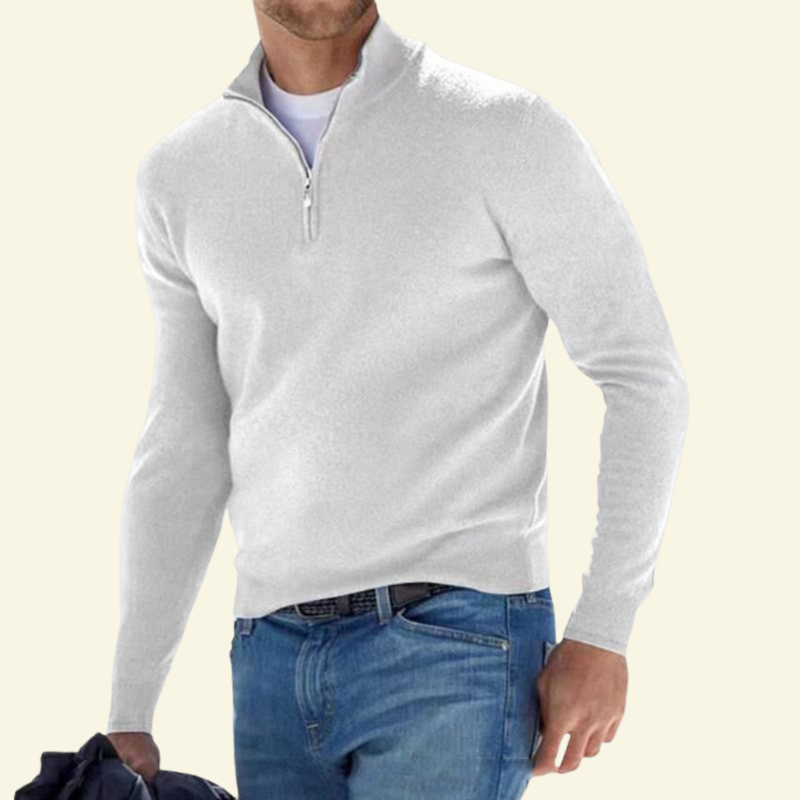 Biały wool blend sweater męski z zamkiem i stójką, symbol czystej elegancji i klasycznej formy — Lubomirske