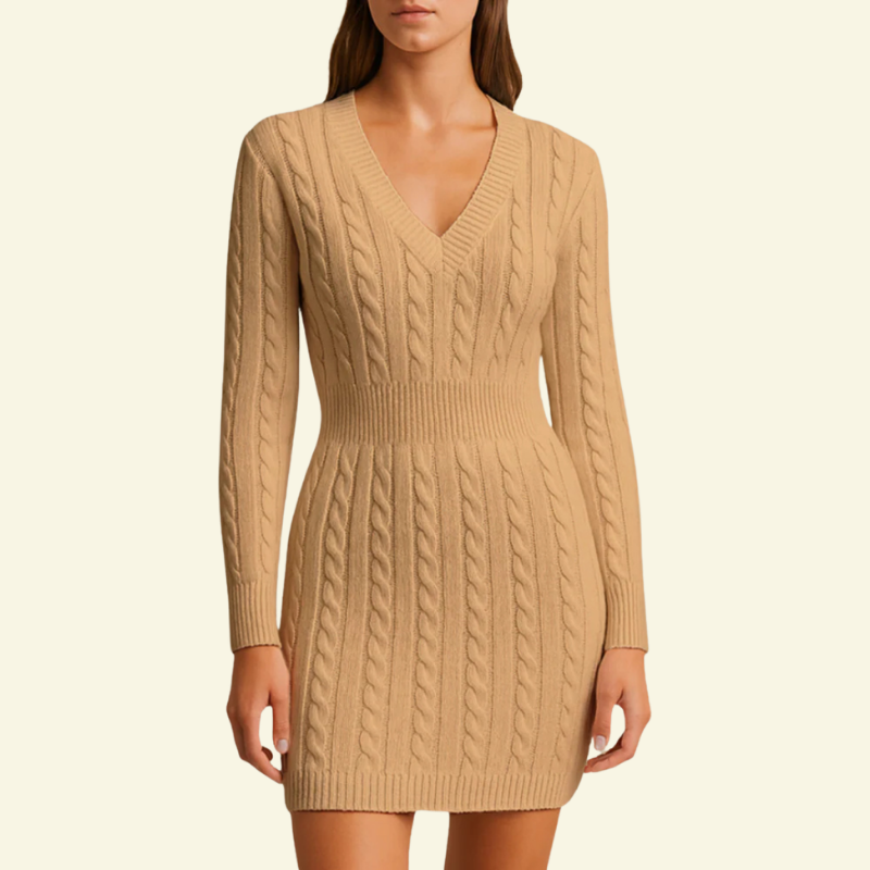 Beżowa sukienka sweterkowa damska z dekoltem w serek i dopasowanym krojem — Lubomirske