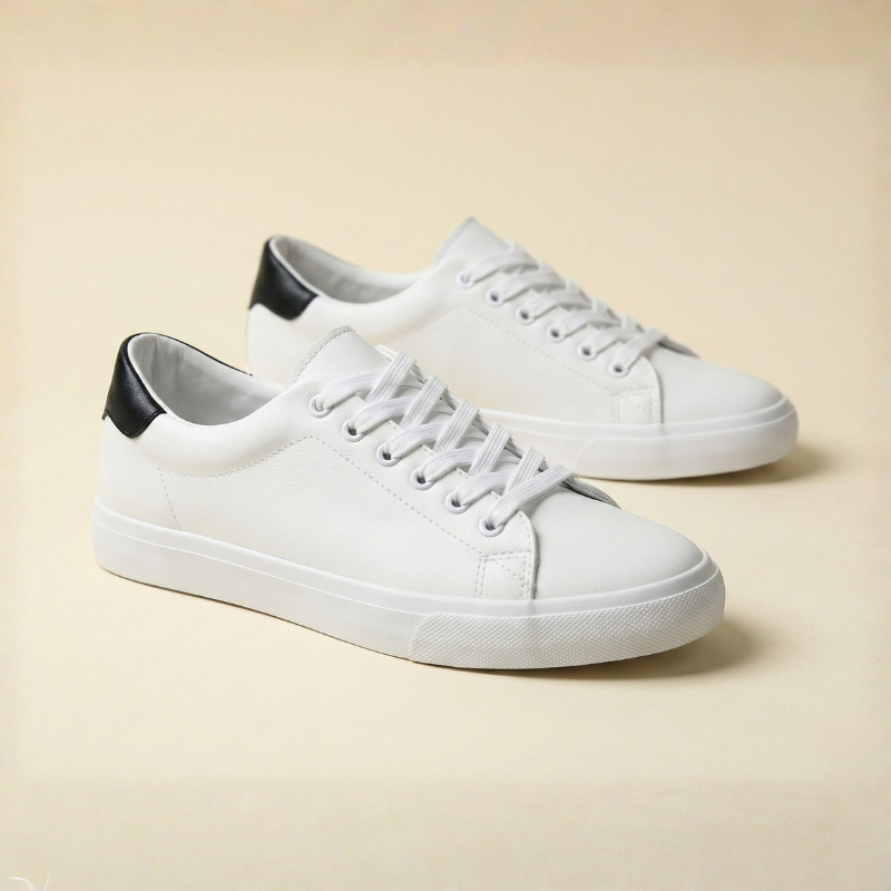 Niskie sneakersy męskie w kolorze białym z czarnymi detalami, wykonane ze skóry ekologicznej, zaprezentowane na jasnym tle w ujęciu produktowym.