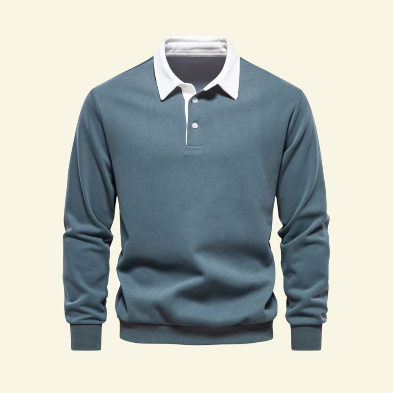 Niebieskoszary sweter polo z bawełny, z kontrastowym kołnierzem polo i miękką fakturą — Lubomirske