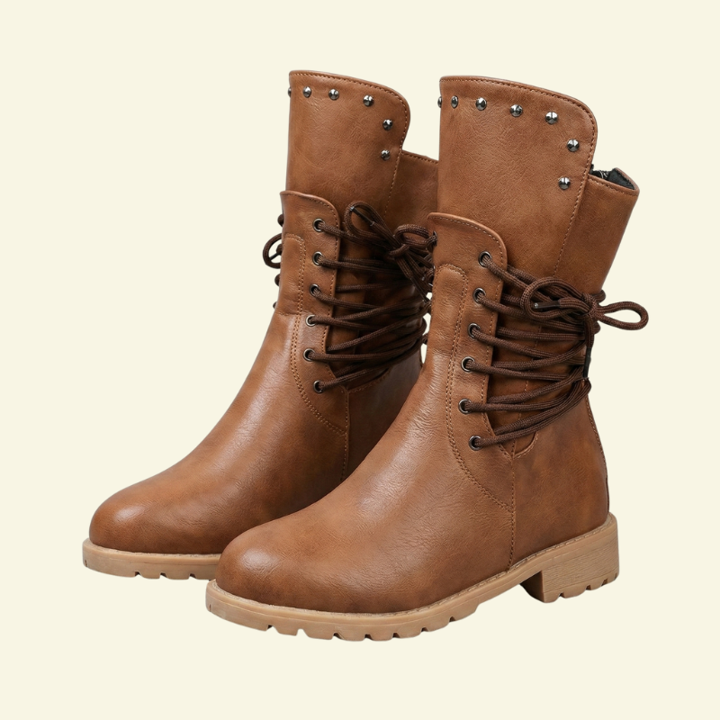 Botki sznurowane damskie w kolorze brąz kasztanowy, skóra ekologiczna, stabilny obcas, widok z przodu