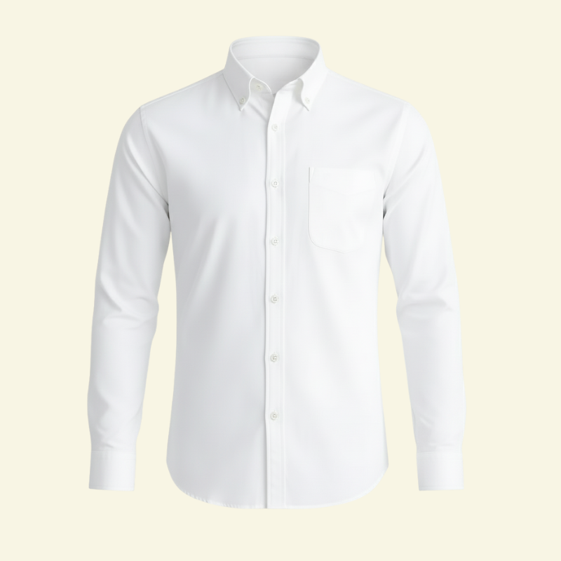 Biała męska koszula Slim Fit z kołnierzykiem button-down w ujęciu flat-lay — czysta linia, elegancki krój i klasyczne wykończenia w stylu Lubomirske.