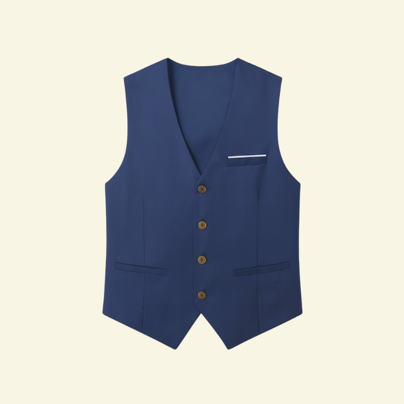 Granatowa kamizelka męska na jasnym tle, z brązowymi guzikami, kieszeniami i białą wstawką przy piersi.