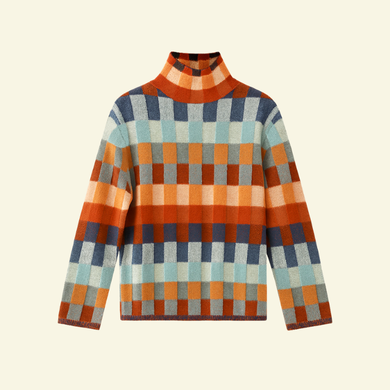 Wielokolorowy damski golf z geometrycznym wzorem, wykonany z miękkiej wełny o ciepłej i elastycznej strukturze — Lubomirske