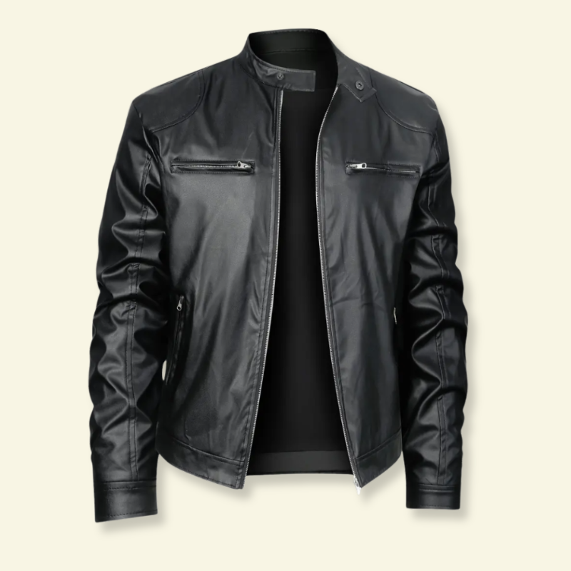 Product photo of black faux leather motorcycle jacket