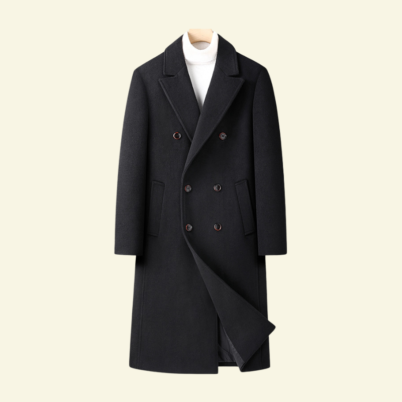 Czarny płaszcz męski z wełny o dwurzędowym kroju i klapach — Lubomirske