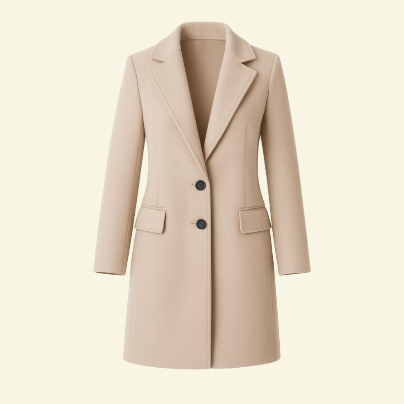 Kremowy długi płaszcz damski z kołnierzem i kieszeniami, klasyczny fason — Lubomirske