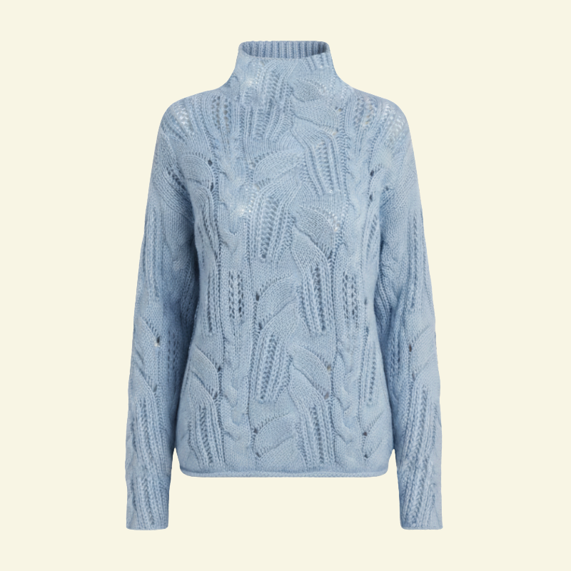 Jasnoniebieski ażurowy sweter damski z golfem i grubym splotem, wykonany z premiumowej dzianiny — Lubomirske