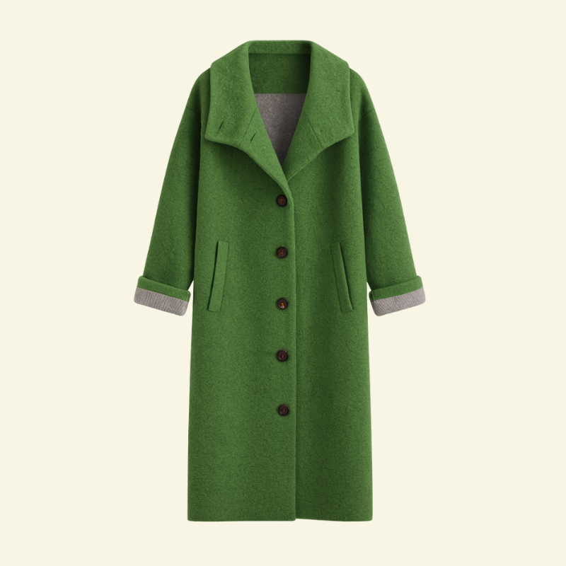 Ciemnozielony długi płaszcz o miękkiej strukturze, ujęcie od przodu.