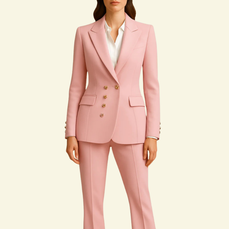 Women wearing pink blazer suit set