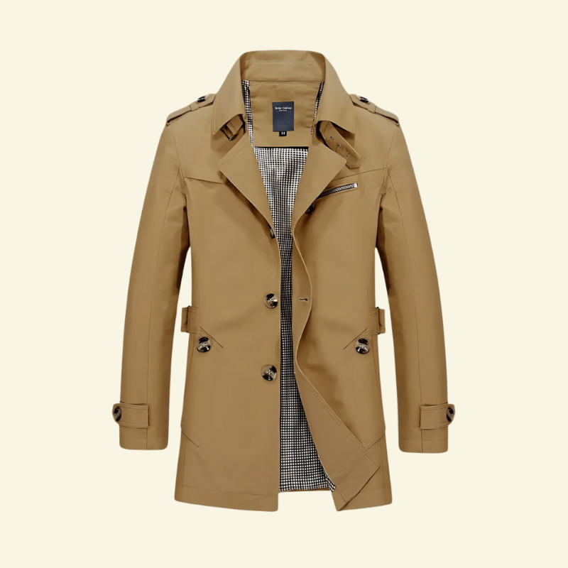 Beżowy trencz męski z paskiem i klasycznym kołnierzem — ponadczasowy styl Lubomirske