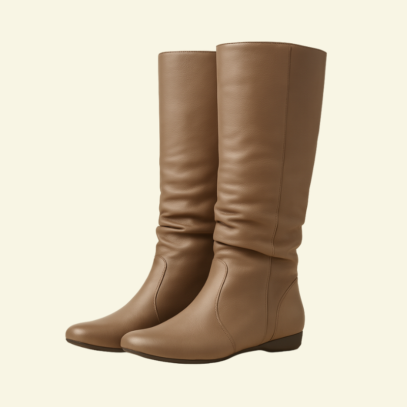 Wysokie damskie kozaki w odcieniu jasnego brązu, pokazane na jednolitym, jasnym tle. Smukła sylwetka, lekko marszczona cholewka i niski obcas nadają elegancki, minimalistyczny wygląd