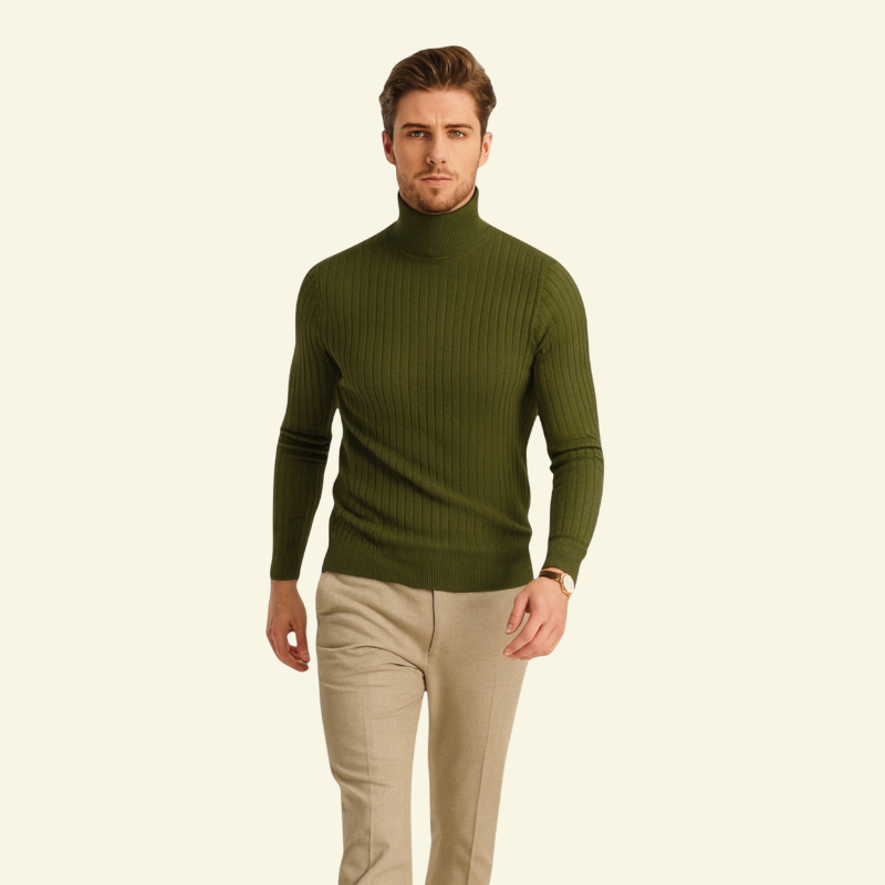 Zielony wojskowy golf męski o plecionym splocie, prezentowany na modelu; elegancja i wygoda w stylu old money — Lubomirske