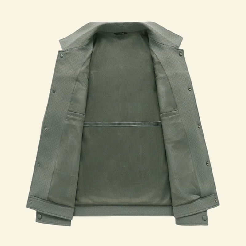 Wnętrze oliwkowej kurtki męskiej — staranne wykończenie i trwała Premiumowa Mieszanka Tkanin Lubomirske