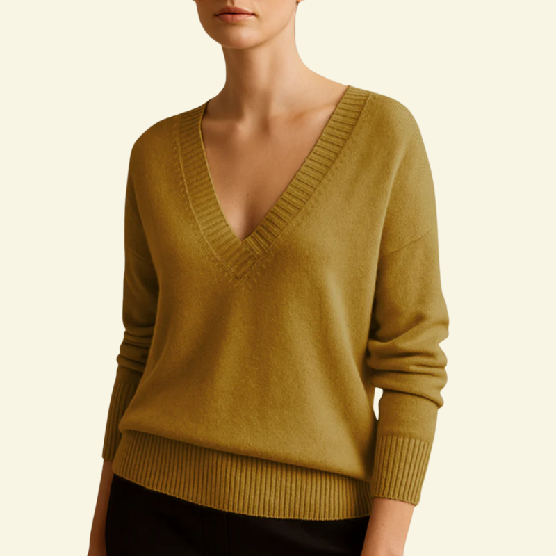 Ciemnożółty sweter damski z dekoltem w serek i miękkiego akrylu — Lubomirske