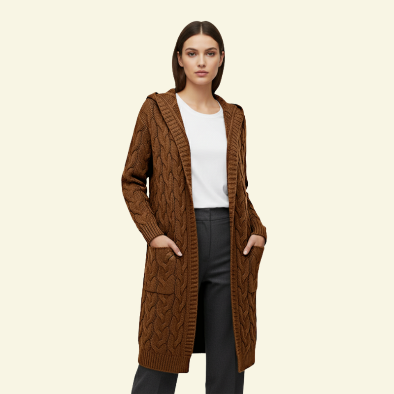 Profil brązowego kardiganu z kapturem i fakturą warkoczowej dzianiny — Lubomirske