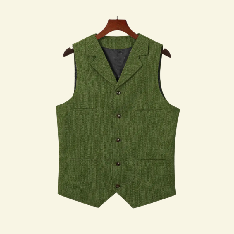 Oliwkowozielona tweedowa kamizelka męska z klapami i brązowymi guzikami; widok od przodu.