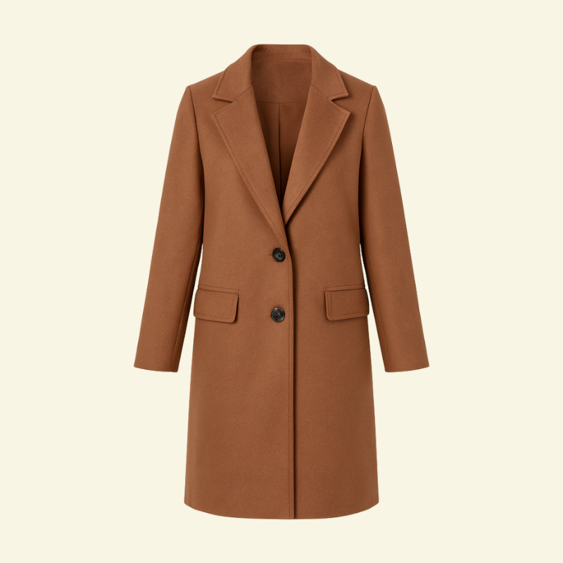 Brązowy długi płaszcz damski z kołnierzem i kieszeniami, ponadczasowy krój — Lubomirske