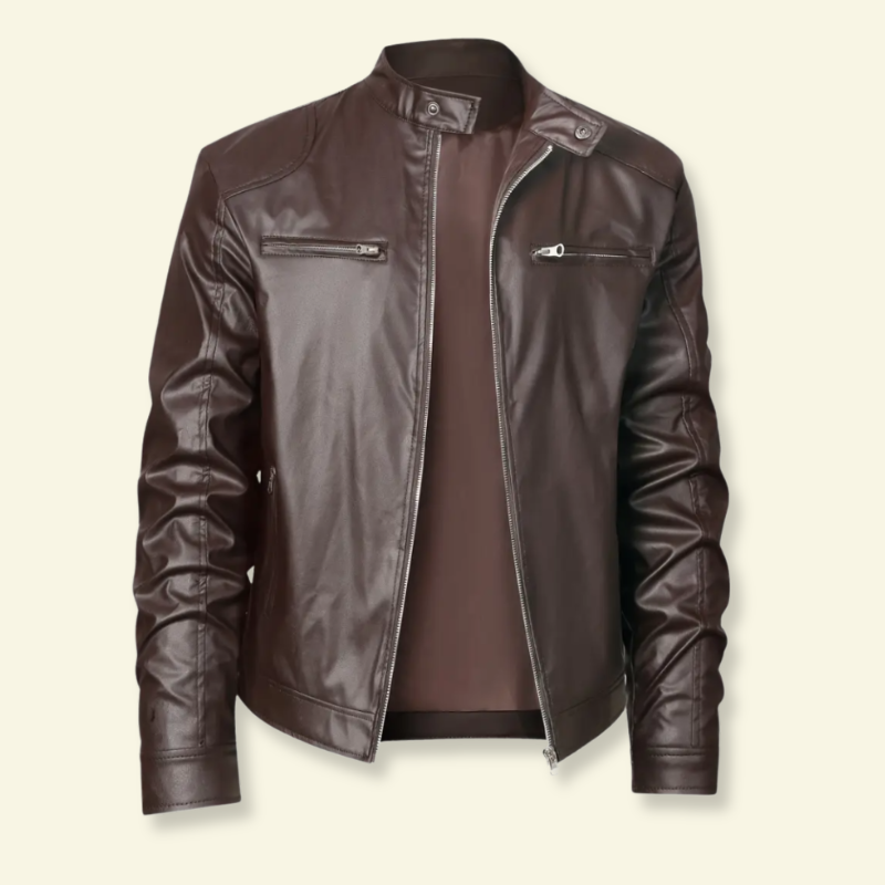 Product photo of Dark brown faux leather motorcycle jacket