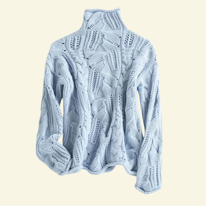Sweter z golfem w kolorze jasnoniebieskim, o miękkiej ażurowej strukturze dzianiny — Lubomirske