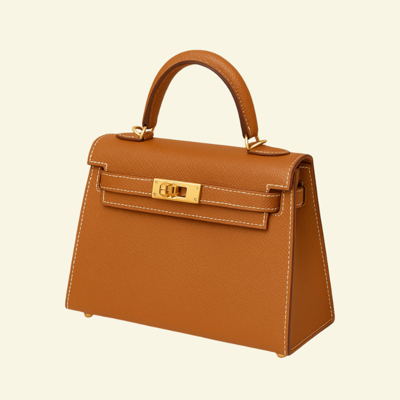 Brązowa torebka kuferkowa ze skóry naturalnej, widok z boku z rączką i złotym zapięciem — Lubomirske