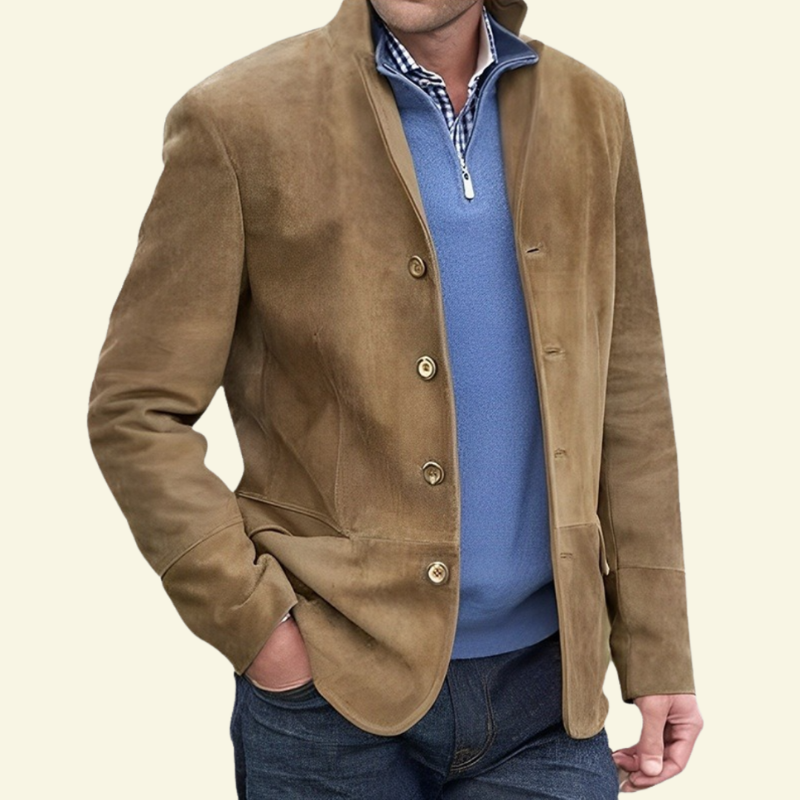 picture of beige faux suede coat for men with a male model