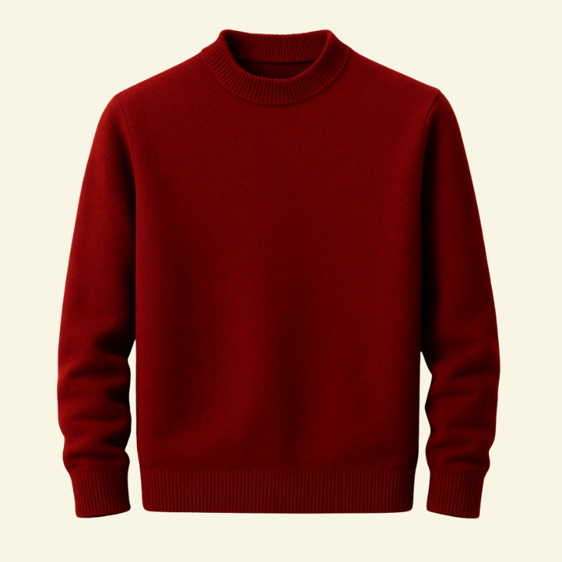 Bordowy męski sweter o klasycznym kroju, ujęcie od przodu.