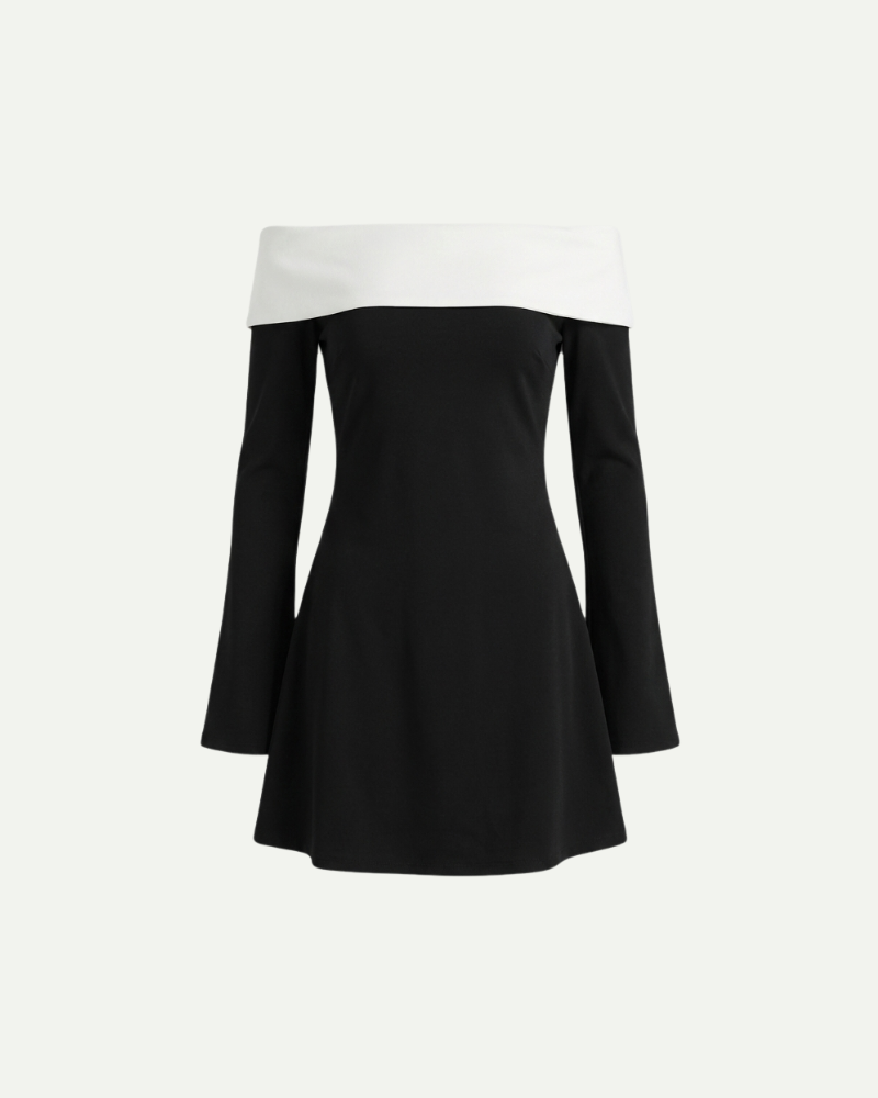 czarna sukienka mini hiszpanka z długim rękawem i kontrastowym białym dekoltem – zdjęcie produktu na białym tle