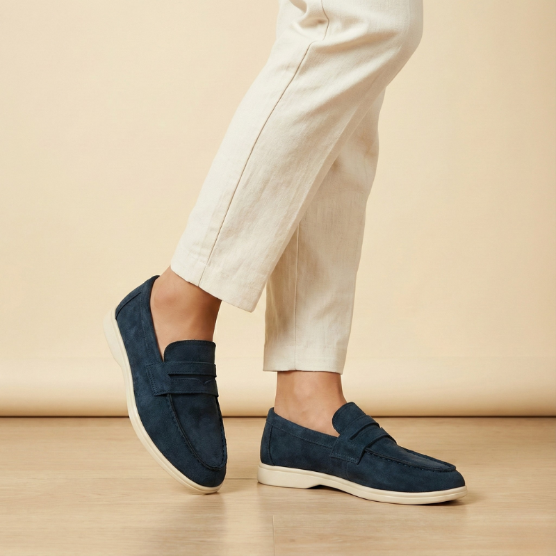 Granatowe mokasyny z zamszowym wykończeniem na modelce, ujęcie boczne, jasne spodnie