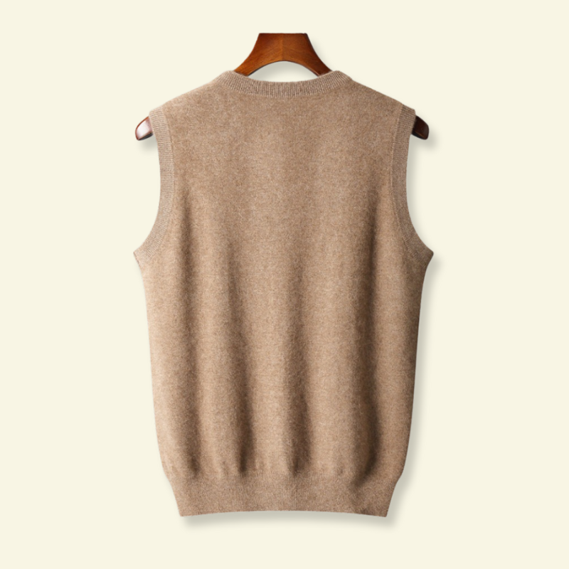 Backside of wool sleeveless sweater hanging from a clothes hanger