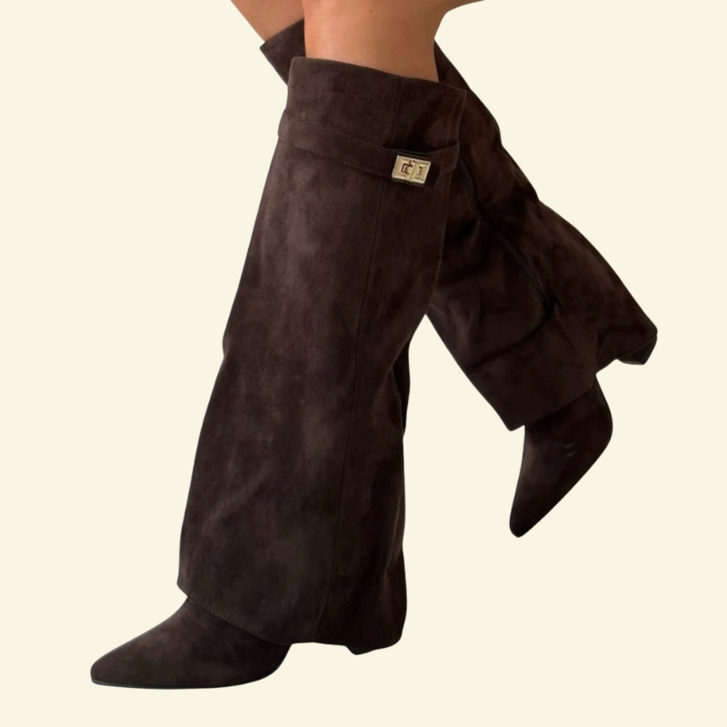 Kozaki damskie do kolana na koturnie w kolorze czekoladowego brązu