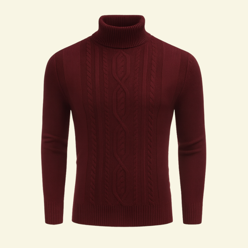 Bordowy golf męski z warkoczowym splotem, o dopasowanym kroju i klasycznym wykończeniu — Lubomirske