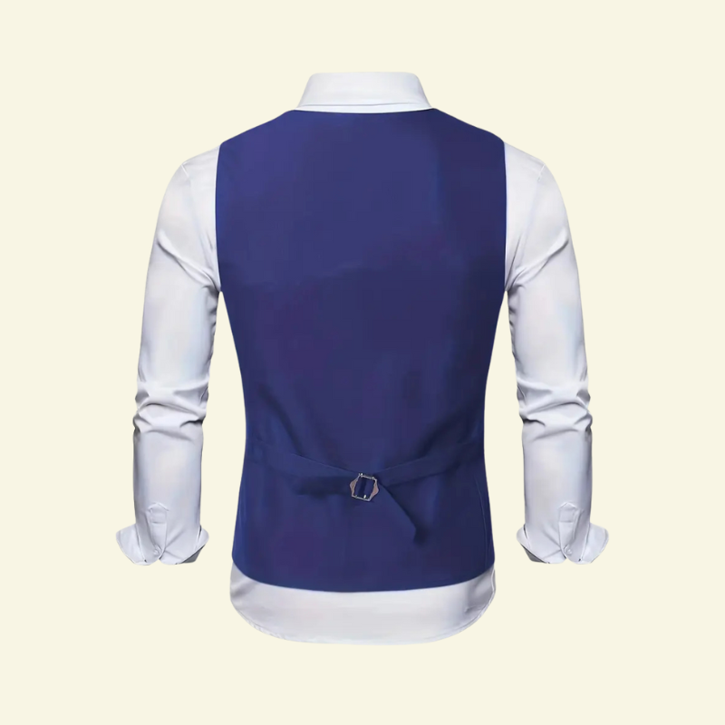 Model w granatowej kamizelce, widok od tyłu z regulacją na plecach.