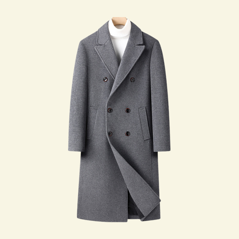 Szary płaszcz wełniany męski o klasycznym dwurzędowym fasonie — Lubomirske