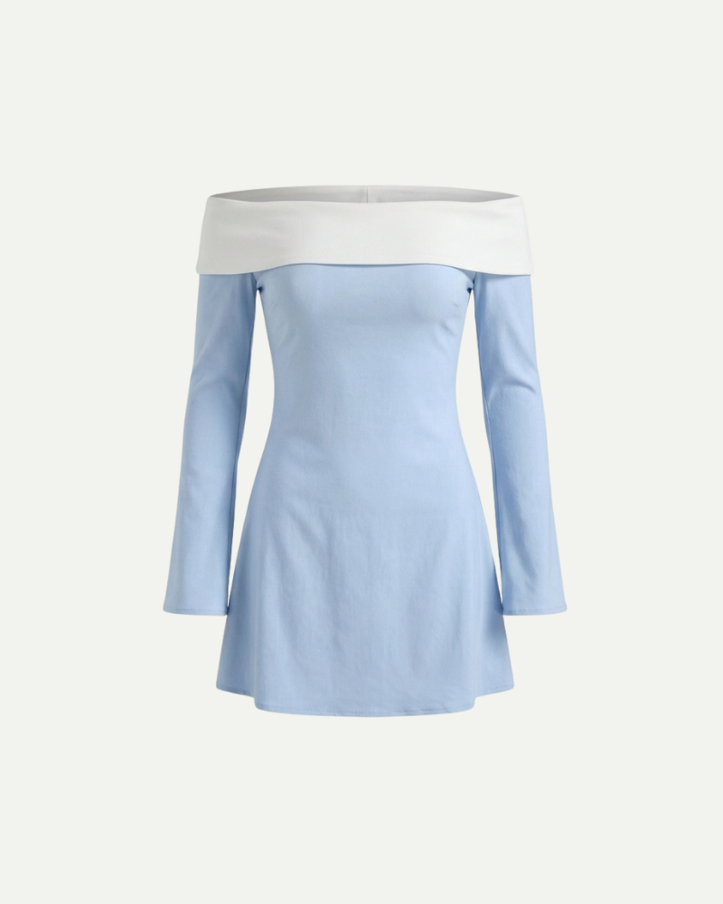 jasnoniebieska sukienka mini hiszpanka z długim rękawem i białym dekoltem – zdjęcie produktu