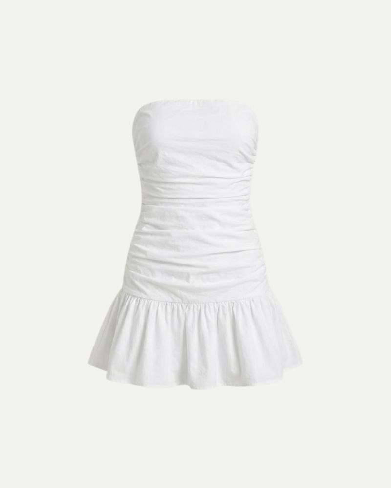biała sukienka mini bez ramiączek z marszczeniem i falbaną – zdjęcie produktu