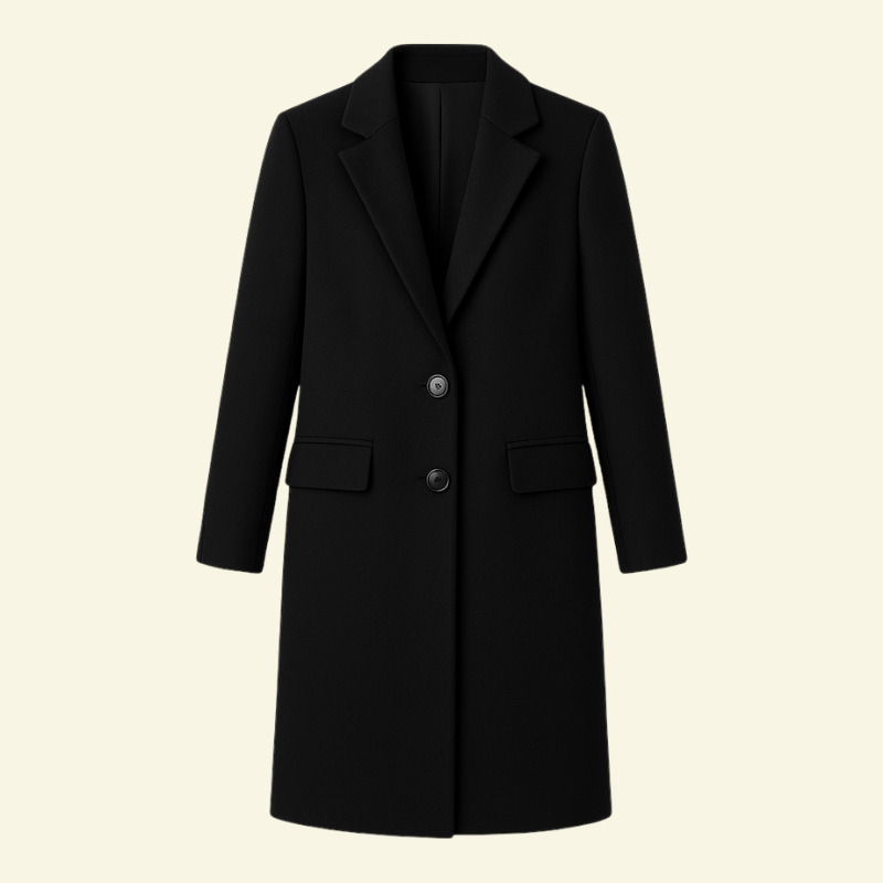 Czarny długi płaszcz damski z kołnierzem i kieszeniami, klasyczny fason — Lubomirske