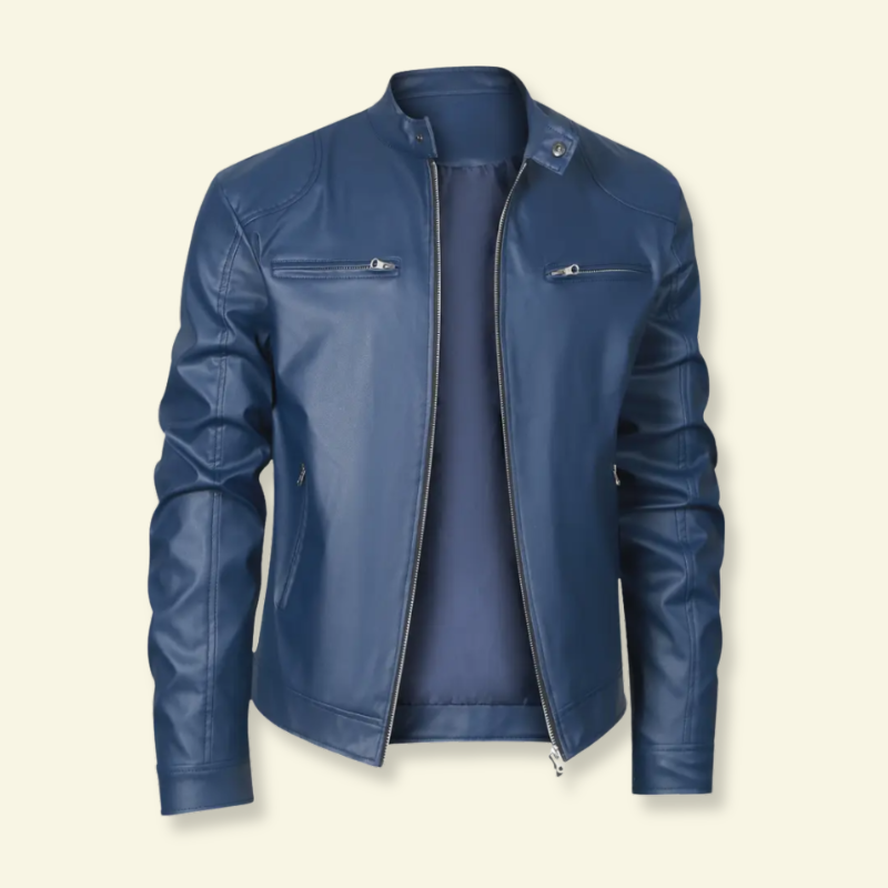 Product photo of blue faux leather motorcycle jacket