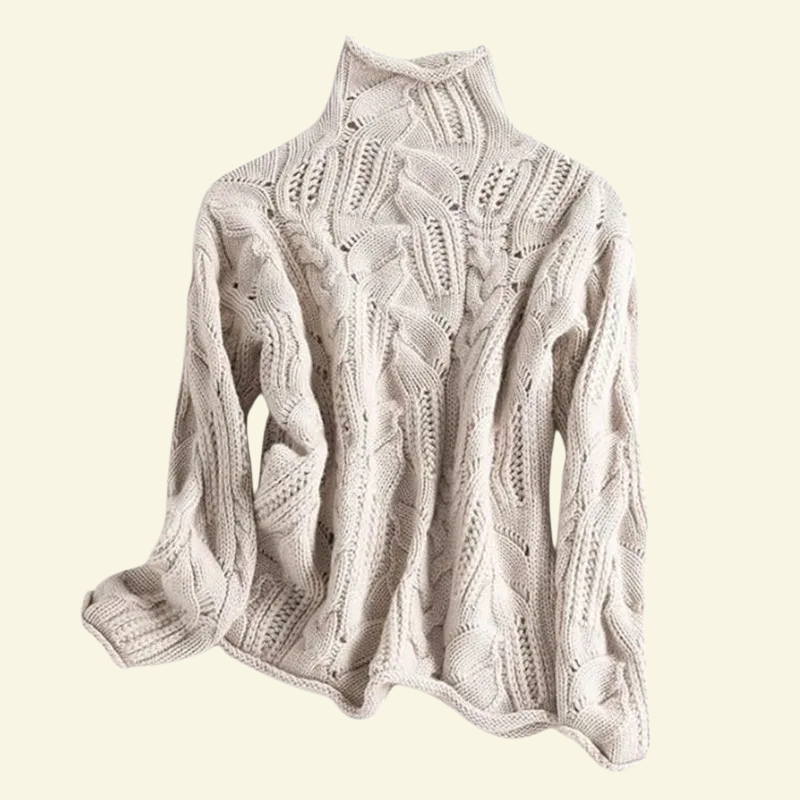 Ażurowy sweter w kolorze beżowym z widoczną strukturą splotu i wywiniętym golfem — Lubomirske