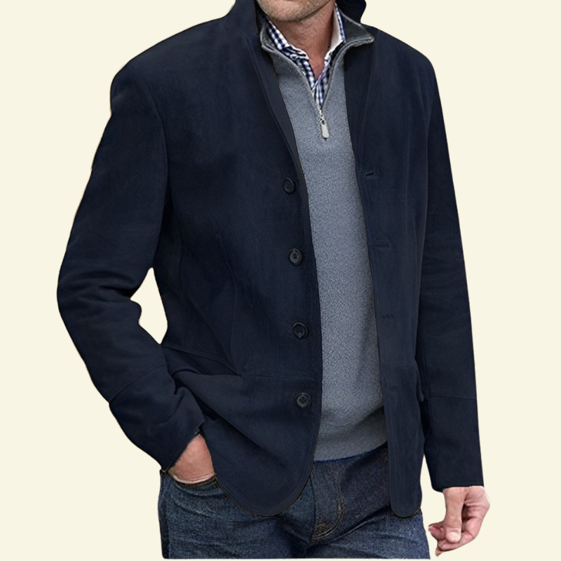 picture of navy blue faux suede coat for men with a male model