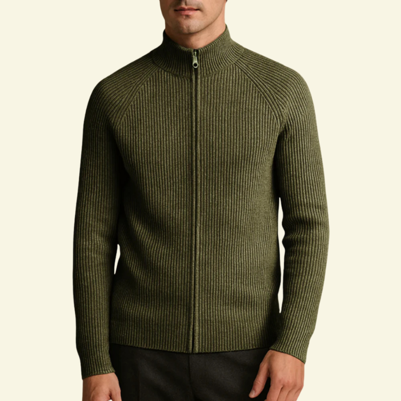 Sweter męski w kolorze zieleni wojskowej z półgolfem i zamkiem błyskawicznym — Lubomirske