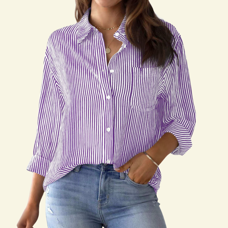 Fioletowa koszula damska w paski z długim rękawem, styl old money — Lubomirske