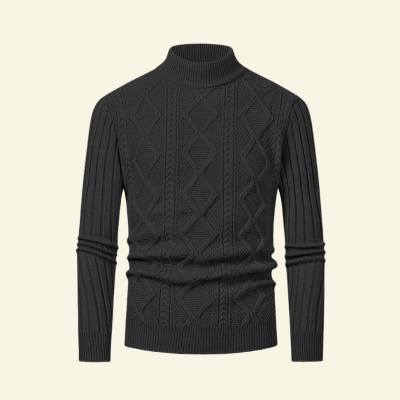 Czarny męski półgolf o warkoczowym splocie, wykonany z dzianiny premium w dopasowanym kroju Slim Fit — Lubomirske