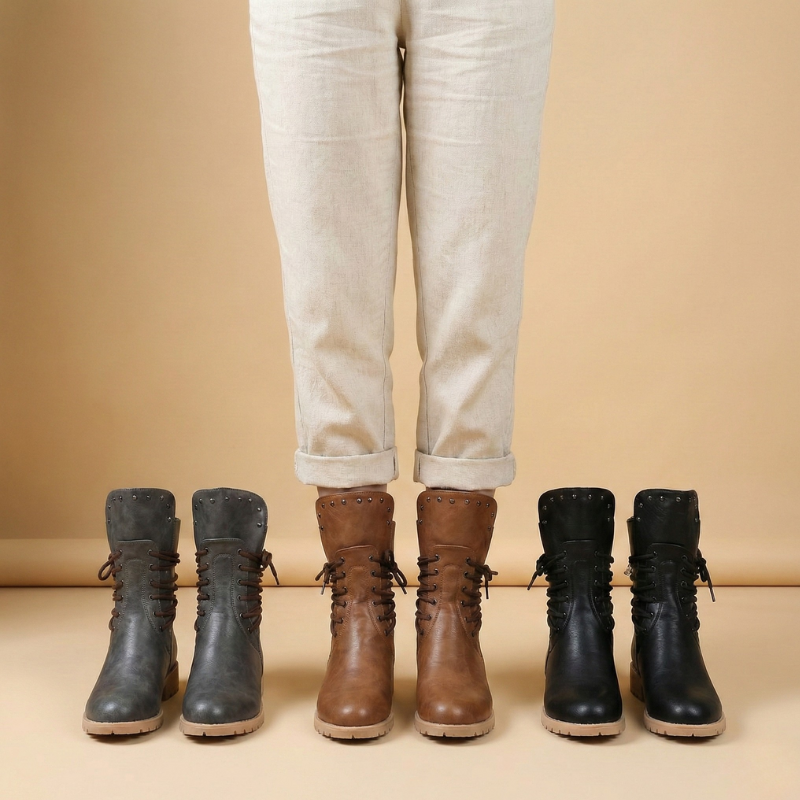 Botki sznurowane damskie w kolorach czarny, brąz kasztanowy i ciemnoszary, zestawienie wariantów