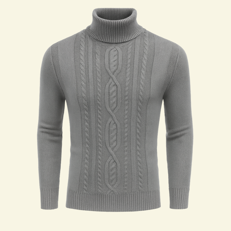 Srebrnoszary golf męski z warkoczowym splotem, dopasowany fason z prążkowanym wykończeniem — Lubomirske