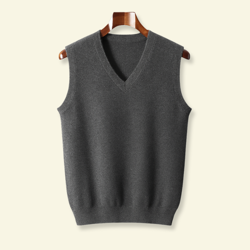 Gray Wool sleeveless sweater hanging from a clothes hanger 