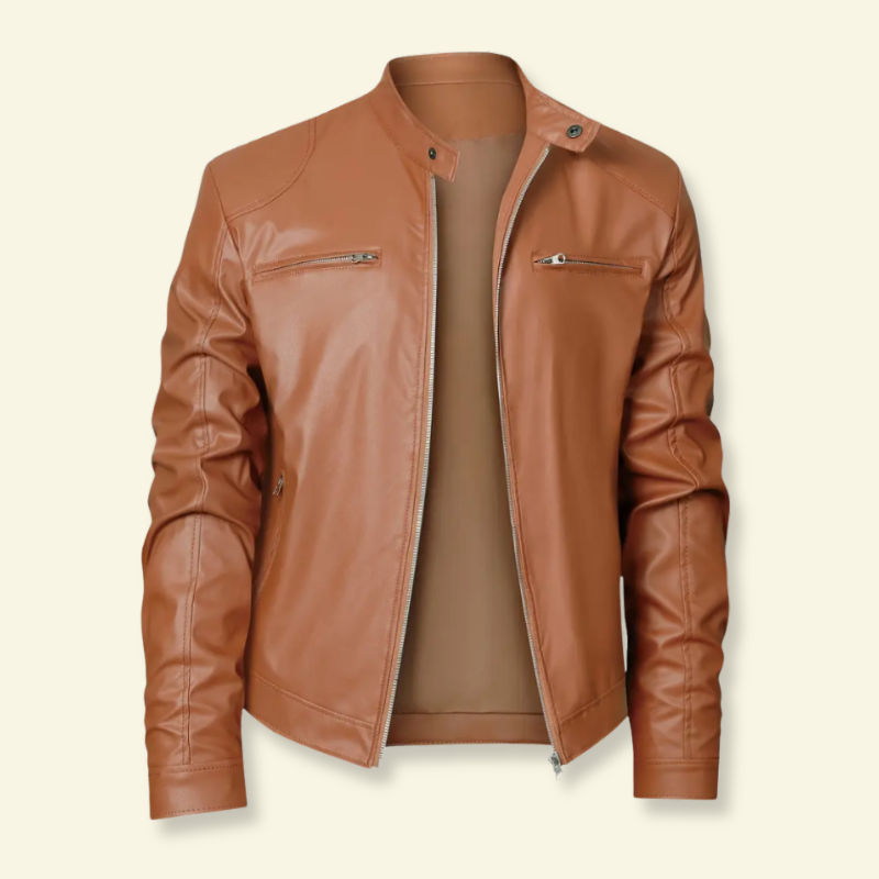 Product photo of light brown faux leather motorcycle jacket